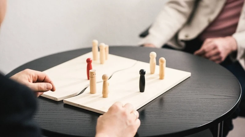 Zwei Personen sitzen an einem Tisch mit einem Brettspiel vor ihnen.